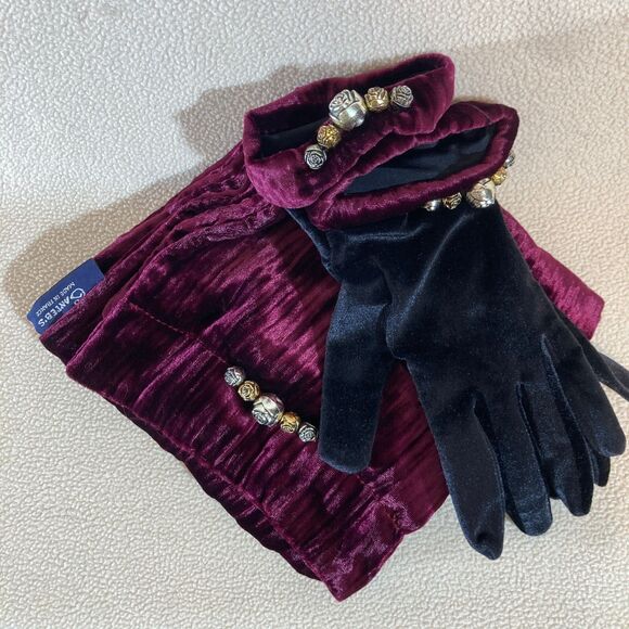 Vtg Ganteb's Silk Blend Scarf and Glove Set Made in France Burgundy Black Velvet - Picture 1 of 14